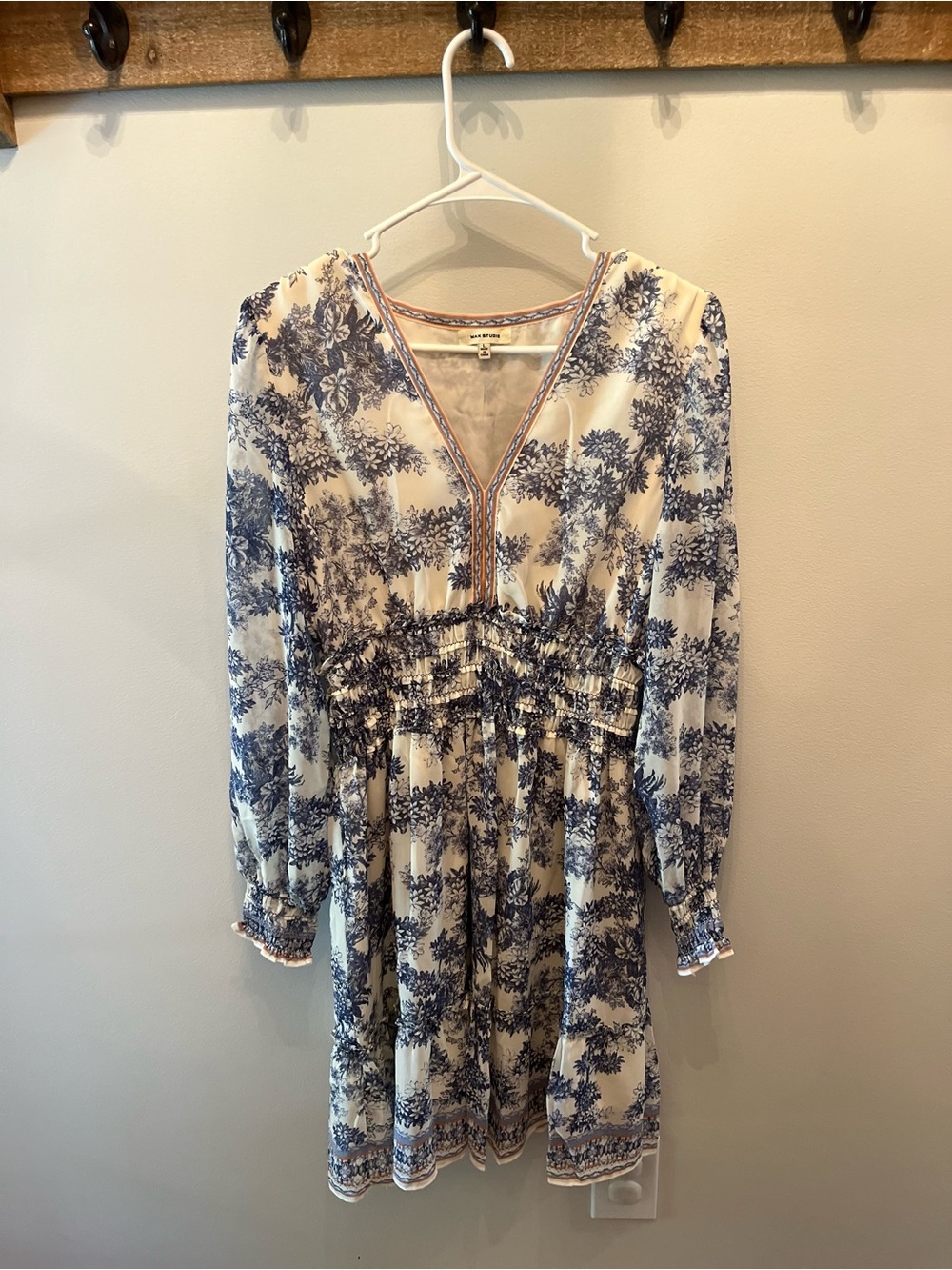 Max Studio Cream and Blue Floral Long Sleeve V-Neck Smocked Dress